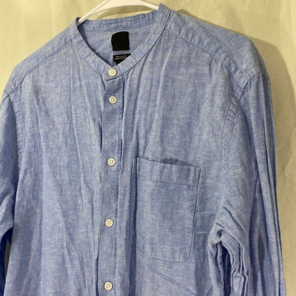 H&M Mens Shirt Large Linen-blend Band Collar Blue Long Sleeve Button Up Casual - Picture 4 of 8